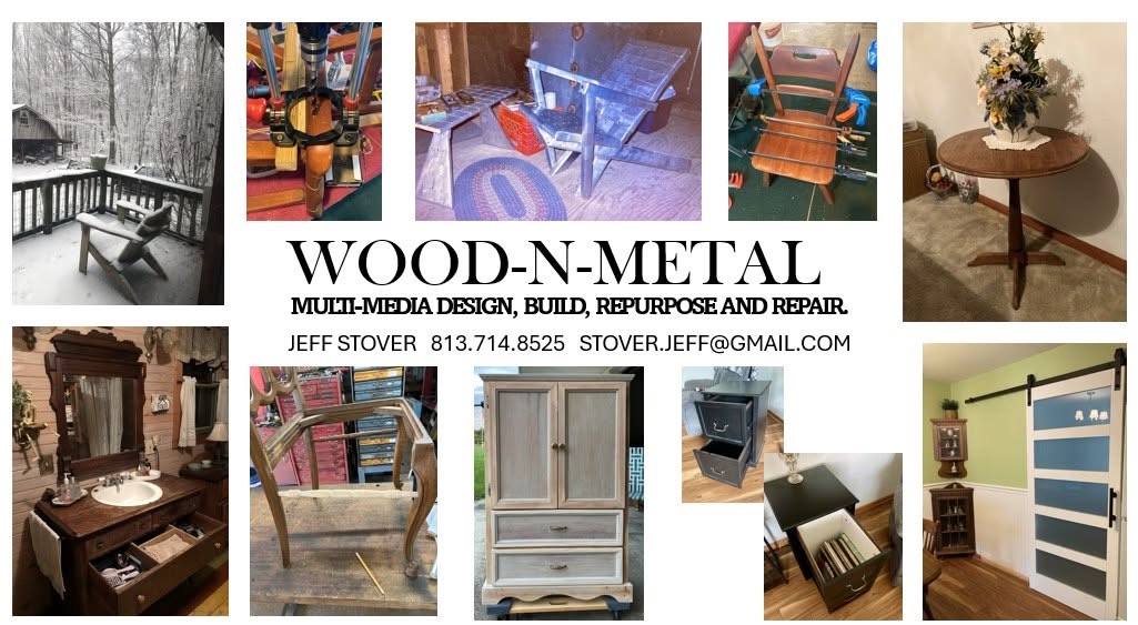 Wood-N-Metal flyer showing custom furniture, repairs, repurposed pieces, and a barn-style door installation.